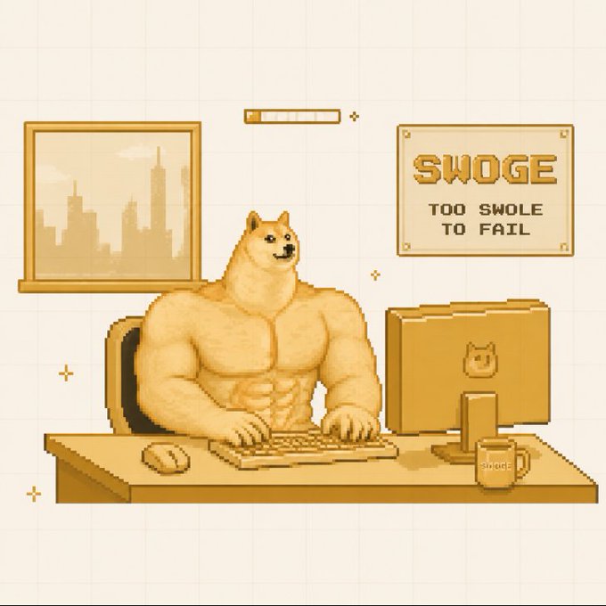 A pixel art image shows a muscular Doge ("Swole Doge") sitting at a desk on a computer, with a framed "SWOGE - TOO SWOLE TO FAIL" sign on the wall, illustrating the post's concept of "Swoge" as a gym/looksmaxxing-themed Dogecoin spin-off.