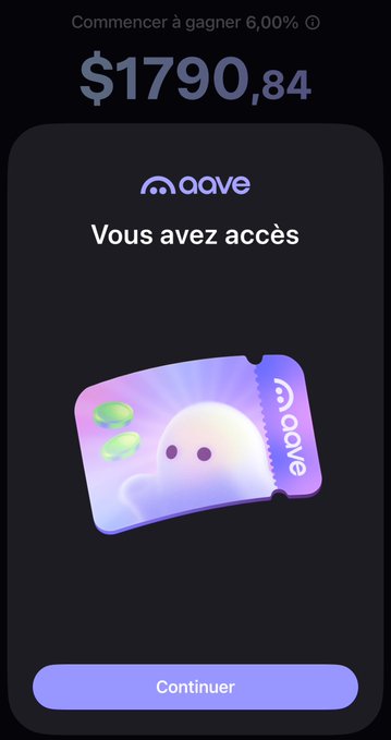 A mobile screen shows a $1790.84 balance with 'Commencer à gagner 6,00%' text and an Aave notification reading 'Vous avez accès' with a 'Continuer' button.