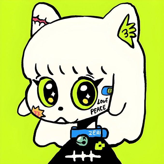 A cartoon illustration depicts a white cat character with big green eyes wearing a blue collar labeled 'ZERI' on a green background.