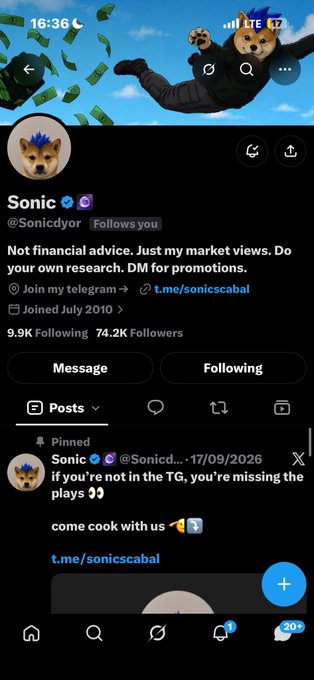 A Twitter/X profile screenshot shows the account 'Sonic' (@Sonicdyor) with 74.2K followers, displaying a tweet 'if you're not in the TG, you're missing the plays' with money emojis and a link to t.me/sonicscabal.