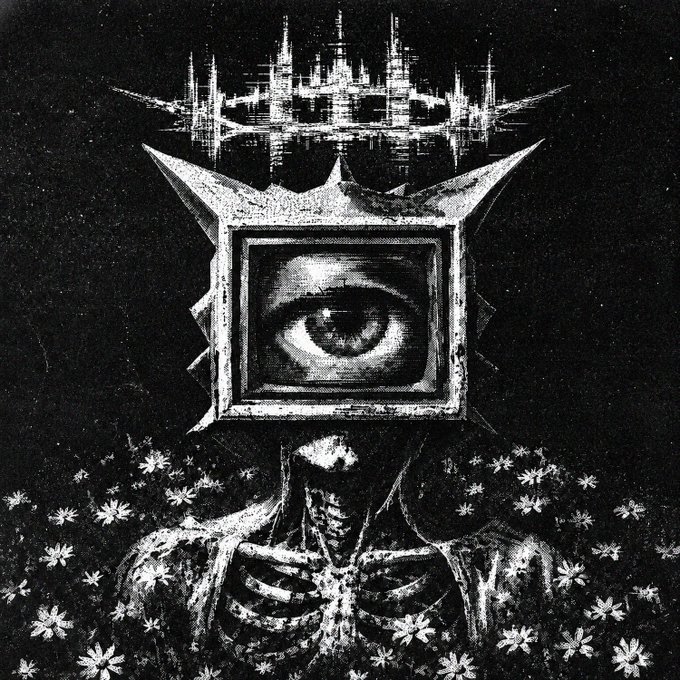A black and white illustration depicts a skeletal figure with a framed, realistic eye as its head, topped with a spiked crown and emitting glitch-like static waves, set against a dark background scattered with small white flowers. The eerie, surreal artwork aligns with the dark, occult aesthetic of the artist's 1/1 NFT auction for @Satari888.