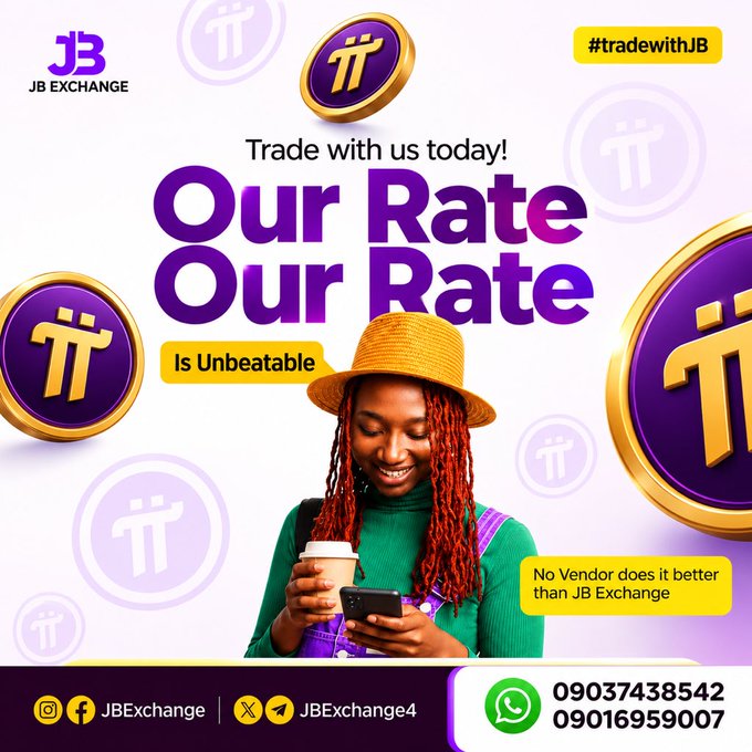 This is a promotional advertisement for JB Exchange, featuring a smiling woman in a yellow hat and green top holding a coffee cup and phone, with Pi cryptocurrency coins floating in the background. The ad prominently displays "Our Rate Our Rate Is Unbeatable" along with the tagline "#tradewithJB," "Trade with us today!," and "No Vendor does it better than JB Exchange," reinforcing the post's message of buying and selling Pi at competitive rates with contact info JBExchange / JBExchange4 and phone numbers 09037438542 / 09016959007.