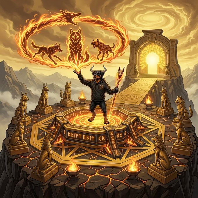 A fantasy digital artwork depicting a horned figure in a hoodie standing on a golden pentagram platform, holding a staff and conjuring flames shaped like dogs and a wolf, surrounded by golden jackal statues.