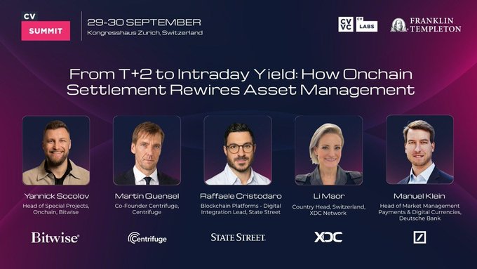 CV Summit event banner for September 29-30 at Kongresshaus Zurich, Switzerland, titled 'From T+2 to Intraday Yield: How Onchain Settlement Rewires Asset Management,' featuring speakers from Bitwise, Centrifuge, State Street, XDC Network, and Deutsche Bank.