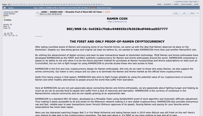A 4Chan thread on the /biz/ board displays information about RAMEN COIN, a "Mineable Proof of Work ERC-20 Token" with contract address 0x0282c7fe8cc948655b1fb3628cdf466ced557777, billed as "THE FIRST AND ONLY PROOF-OF-RAMEN CRYPTOCURRENCY." The thread, started on March 31, 2020, with 39 replies, promotes the token as a meme currency for ramen and anime enthusiasts, reflecting the post's excitement about the 9-year-old developer's project on the BNB/BSC network.