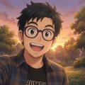 An anime-style portrait of a smiling young man with dark hair and glasses, wearing a dark shirt against a sunset landscape background.