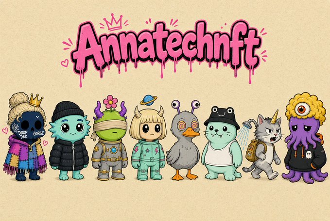 An illustration titled "Annatechnft" featuring a lineup of cartoon NFT characters including a girl in a crown, aliens, a duck, a frog, a cat, and a one-eyed creature.