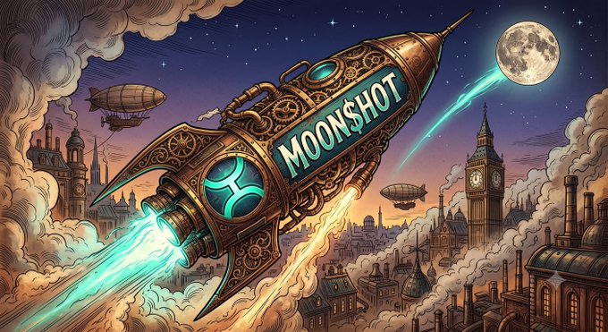 A steampunk-style rocket labeled "MOON$HOT" launches dramatically toward a full moon over a Victorian cityscape, visually amplifying the post's urgent call that the "$HOT" token and Holochain are poised for an explosive "moonshot" breakout.