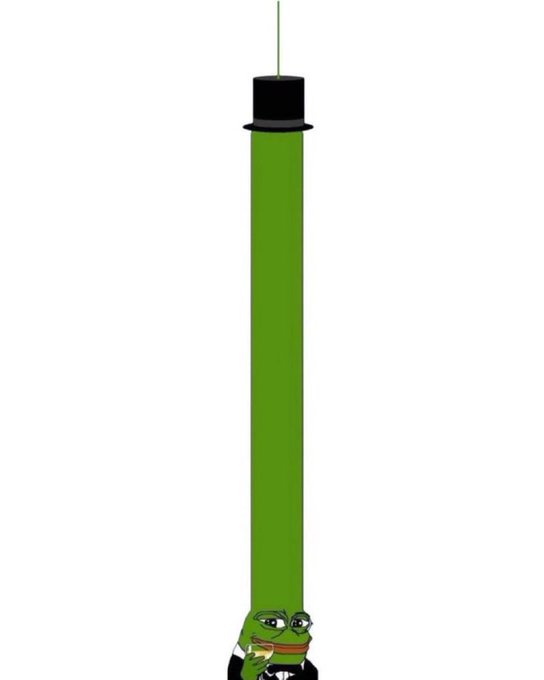 An image of the Pepe the Frog meme character wearing a black top hat and tuxedo, with his body stretched into a tall green column.