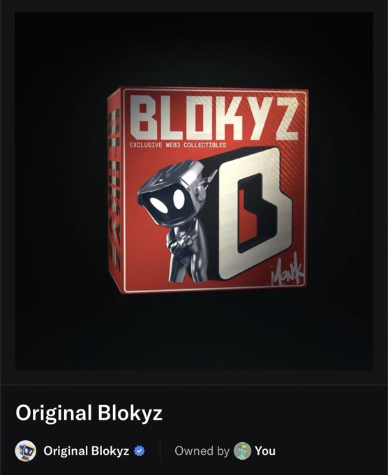 A digital collectible card titled 'Original Blokyz' displaying a 3D character with the text 'EXCLUSIVE WEB3 COLLECTIBLES' and 'BLOCKYZ' on a red box.