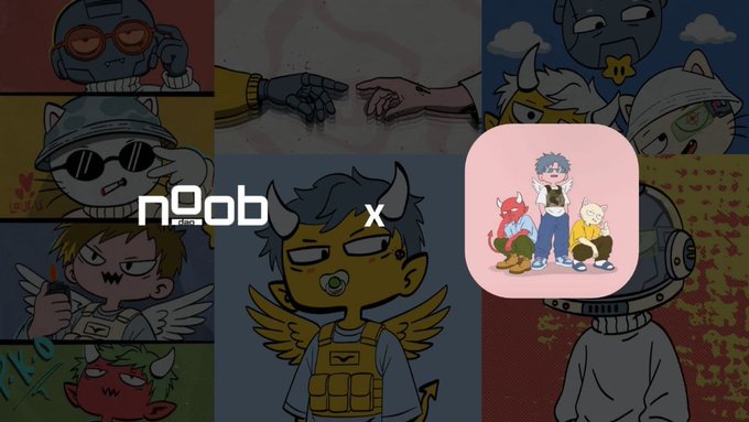A promotional collaboration graphic between 'n0ob studio' and a pink app icon, featuring cartoon devil characters.