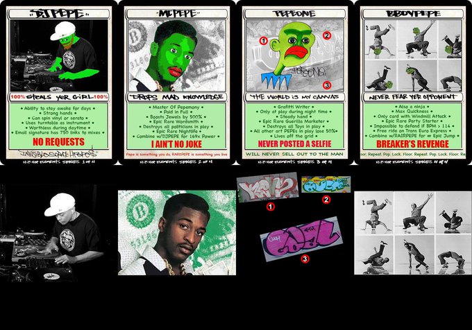 A display of four trading cards styled like Pokémon or baseball cards, titled "DJ PEPE," "MC PEPE," "PEPEONE," and "BREAK PEPE," featuring rap artist Rich The Kid alongside Pepe the Frog imagery and various trait descriptions.