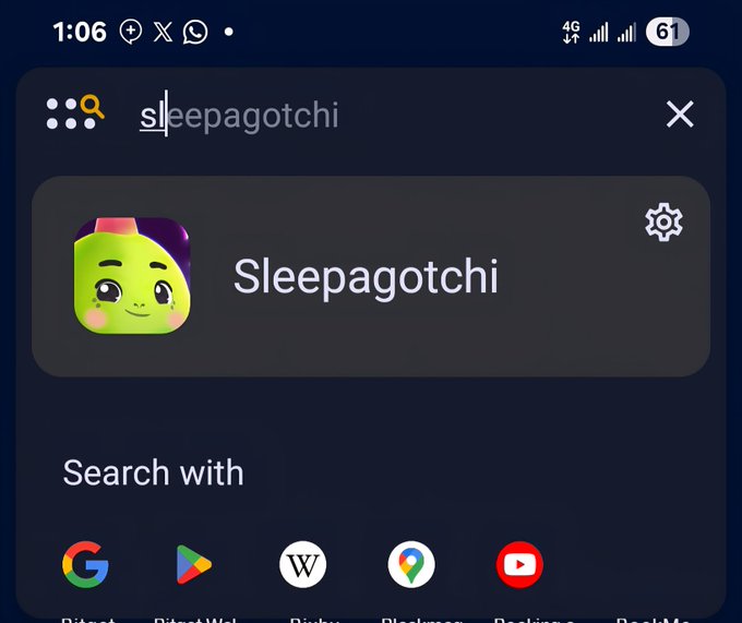 A mobile phone screenshot showing a Google search for "sleepagotchi" with a green Tamagotchi-style character icon and various search app options below.