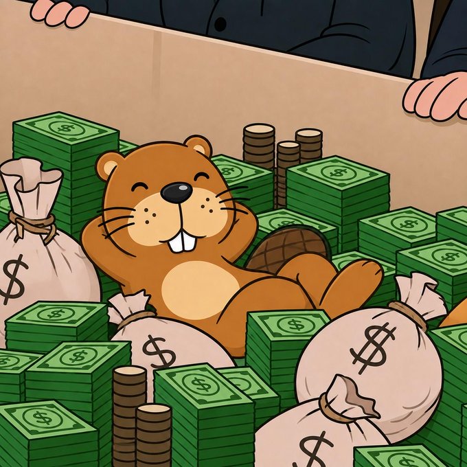 A cartoon beaver lounges comfortably among stacks of green cash and money bags marked with dollar signs in a box.