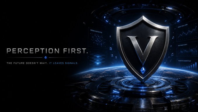 A sleek digital graphic with a metallic shield logo containing the letter 'V', the text 'PERCEPTION FIRST. THE FUTURE DOESN'T WAIT. IT LEAVES SIGNALS.', and futuristic data dashboards in the background.