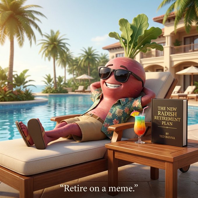 A cartoon radish character wearing sunglasses, a Hawaiian shirt, and sandals lounges on a pool chair with a tropical drink and a book titled "THE NEW RADISH RETIREMENT PLAN BY TED BANNA", captioned "Retire on a meme."