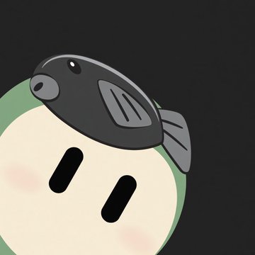 A close-up illustration of a cute cartoon character with a pale round face, blush marks, and a large dark gray fish resting on its head.