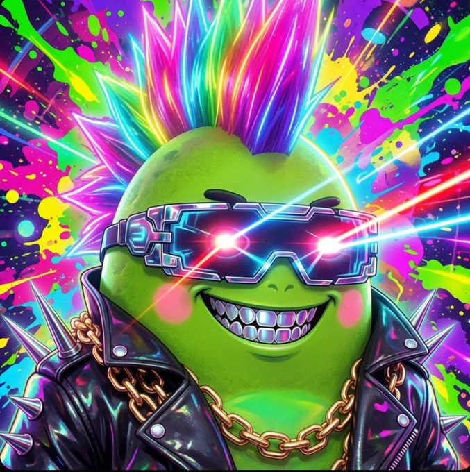 The image features a green character with spiky hair wearing sunglasses, a leather jacket, and a chain necklace. The character appears to be a cartoon or meme style character, possibly from a video game like Fortnite. The character has a unique appearance that stands out against the colorful background of the image.