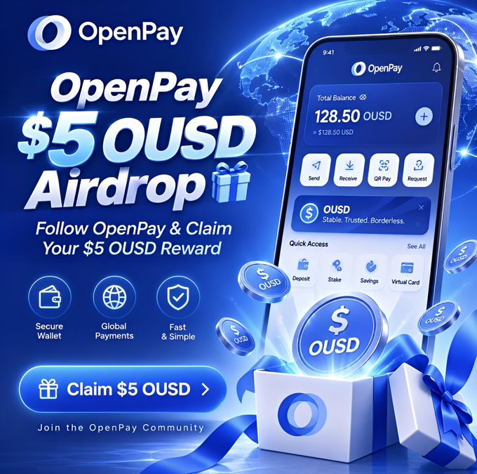 The image is a promotional graphic for an OpenPay airdrop, featuring a smartphone displaying the OpenPay app with a balance of 128.50 OUSD, alongside text announcing "$5 OUSD Airdrop" and a "Claim $5 OUSD" button. It highlights features like Secure Wallet, Global Payments, and Fast & Simple access, visually reinforcing the post's offer of a 5 OUSD weekly reward giveaway running September 3–10.