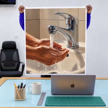 A person holding up a large framed picture of hands being washed under a running faucet above a desk with a laptop, mug, and office supplies.