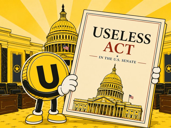 A cartoon mascot of a yellow coin featuring the letter "U" holds up a sign reading "USELESS ACT - IN THE U.S. SENATE" alongside an illustration of the Capitol building. The image ties directly to the post "Sign the Useless Act," using visual symbolism of a "U" coin to highlight the futility of legislation being passed in the Senate.