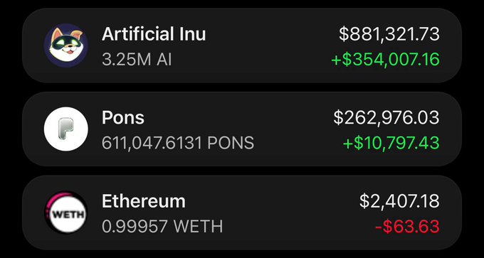 A cryptocurrency portfolio screenshot displays holdings of Artificial Inu ($881,321.73 with +$354,007.16 gains from 3.25M AI tokens), Pons ($262,976.03 with +$10,797.43 gains from 611,047.6131 PONS), and Ethereum ($2,407.18 with -$63.63 losses from 0.99957 WETH), illustrating the user's claim that the AI memecoin has generated over $850,000 in profits.