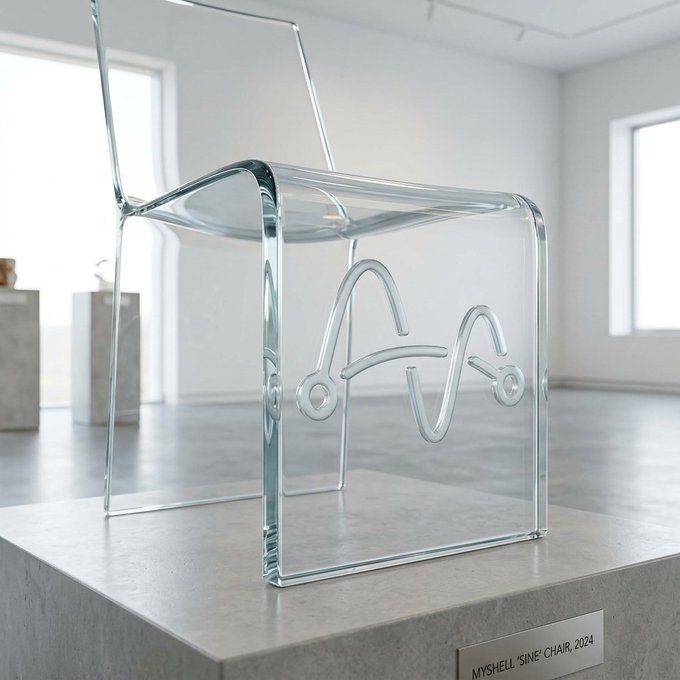A transparent glass chair titled 'MYSHELL "SINE" CHAIR, 2024' displayed in a gallery setting, with a wavy line resembling a sine wave sculpted into the seat.