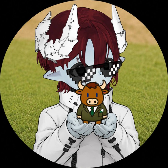 An anime-style avatar of a character with blue skin, red hair, pixelated sunglasses, and white horns, holding a small brown bull figure in a suit.