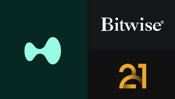 The image features three logos, two of which are related to Bitwise and 21Shares ETFs. The first logo is a blue circle with a green dot inside, representing the Bitwise company. The second logo is a yellow circle with an orange dot inside, representing the 21Shares ETF. Both logos are placed on a light gray background.