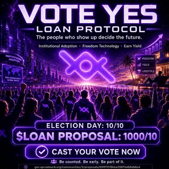 The image features a poster for an event called "Vote Yes! Loan Protocol", which appears to be related to a political campaign or initiative. The poster has a group of people walking towards a city skyline, with a purple background that gives off a futuristic vibe. There is also a purple logo on the poster, and it includes text promoting the event as well as instructions for casting a vote.