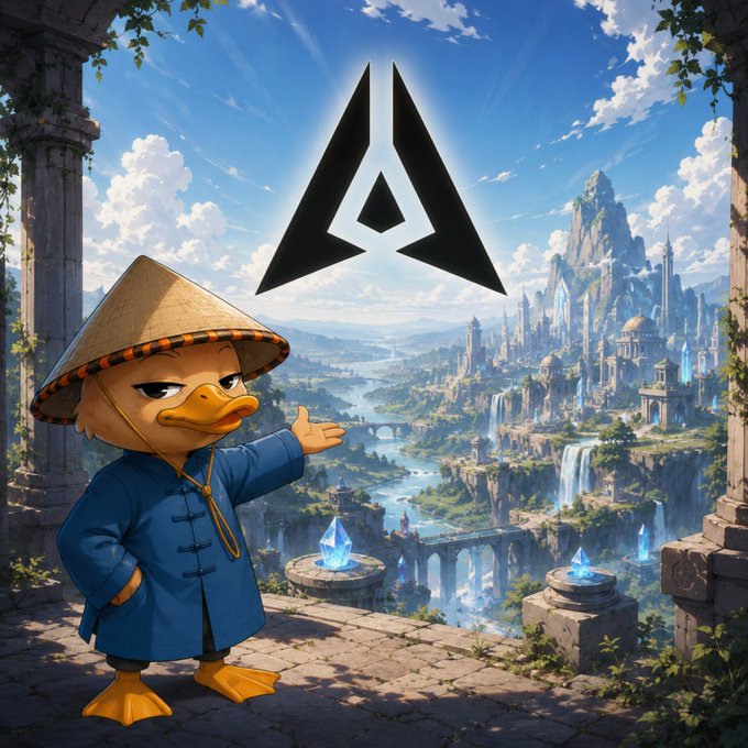 A cartoon duck wearing a conical hat and blue robe stands in a fantasy landscape, with a stylized black triangular logo floating in the sky above.