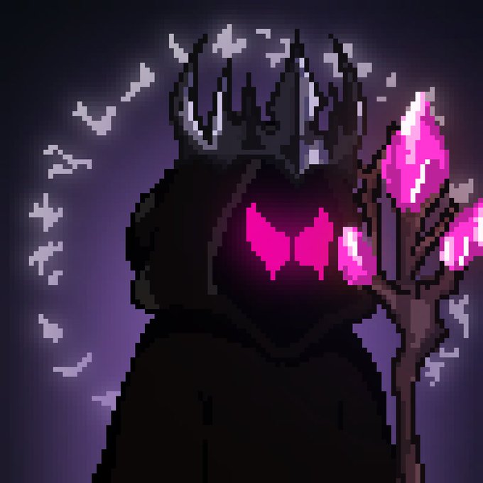 A pixel art illustration of a mysterious dark hooded figure wearing a spiked crown and holding a glowing pink crystal-tipped staff, with glowing pink eyes peering from beneath the hood against a purple starry background. The image complements the post's announcement of the "GTD" token with a 6,666 supply and 5,000 GTD tier priced at $0.69 MP (likely alluding to the meme/collectible nature of the project).