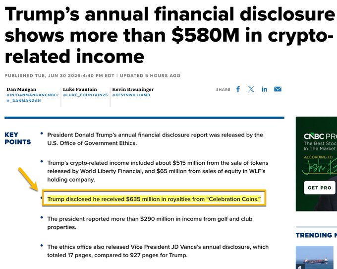 A CNBC article headline shows "Trump's annual financial disclosure shows more than $580M in crypto-related income," with a highlighted bullet point revealing that Trump disclosed receiving $635 million in royalties from "Celebration Coins," illustrating the source of the massive payout referenced in the post about the mysterious entity linked to his memecoin.