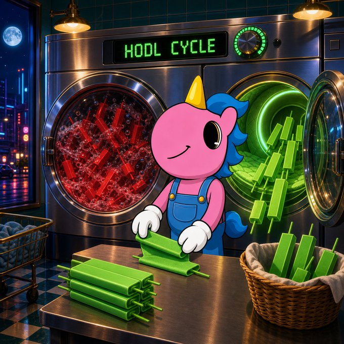 Colorful digital illustration of a pink unicorn character in blue overalls working at a laundromat with washing machines labeled "HODL CYCLE", processing red and green candlestick chart elements.