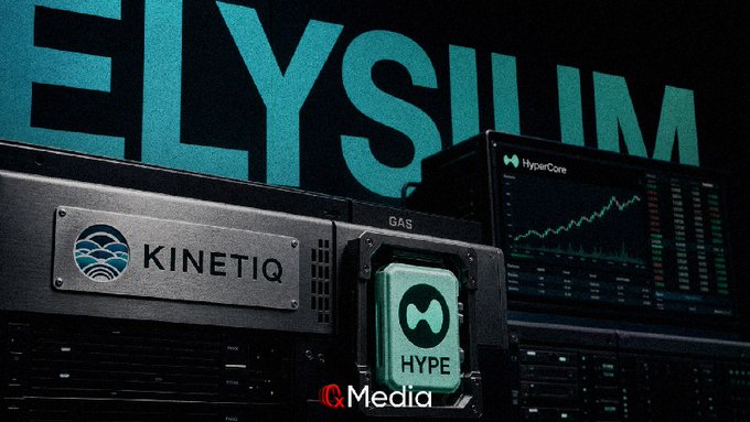 A promotional graphic for "Kinetiq" and "Q Media," featuring cryptocurrency mining hardware labeled "KINETIQ" and "HYPE," with a screen displaying "HyperCore" analytics and "ELYSIUM" in large teal letters in the background.