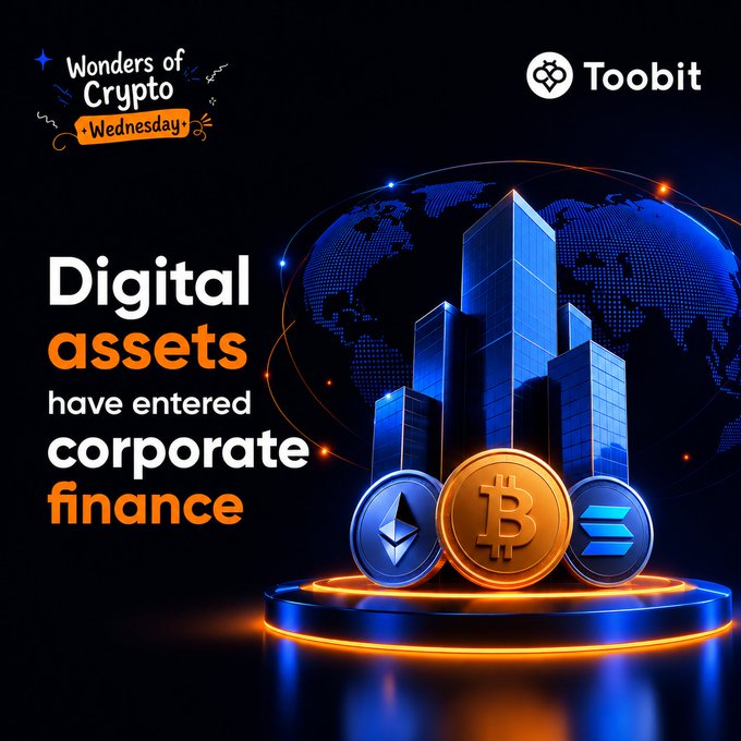 A Toobit 'Wonders of Crypto Wednesday' graphic announcing that digital assets have entered corporate finance, featuring Bitcoin, Ethereum, and Solana logos.