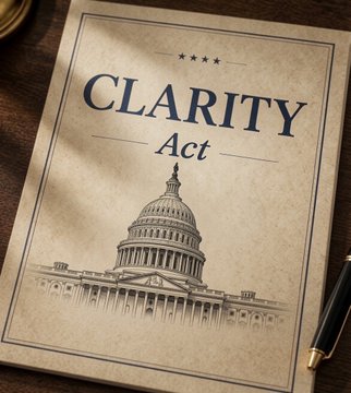 A vintage-style document titled "CLARITY Act" featuring an illustration of the U.S. Capitol building, symbolizing the legislative push for crypto regulation referenced in the breaking news about President Trump's upcoming meeting with senators.