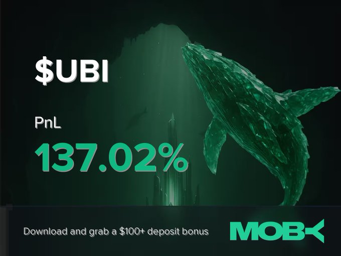 Promotional graphic for Moby Mobile showcasing a winning $UBI trade with a PnL of +137.02%, featuring a stylized green whale and a call-to-action to download the app for a $100+ deposit bonus.