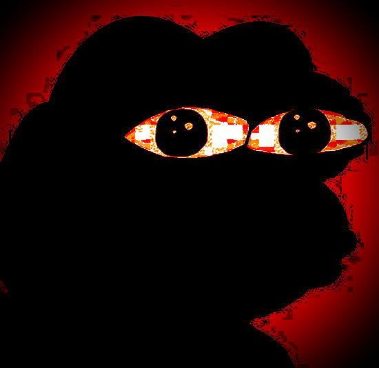 A stylized dark silhouette artwork of a face with two large, fiery orange and red eyes set against a deep red background.