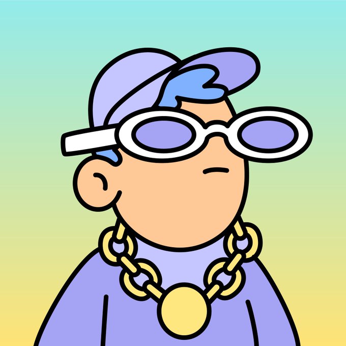 A stylized illustration of a character wearing a purple cap, oversized sunglasses, and a chunky gold chain necklace against a gradient green and yellow background, representing the trendy aesthetic of the Doodles NFT collection that the post celebrates.