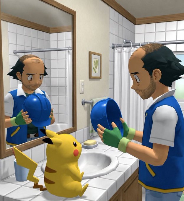 An illustration shows a Pokémon trainer washing a blue cap over a sink while a Pikachu sits on the bathroom counter beside the mirror.