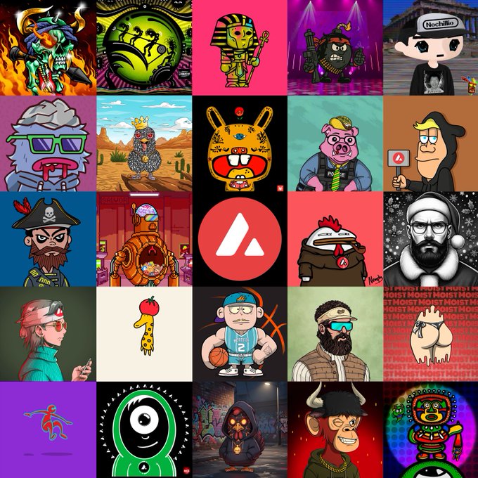 A grid collage of 25 NFT-style digital artworks featuring characters like pharaohs, pigs, bears, pirates, monkeys, and the Avalanche (AVAX) logo in various artistic styles.