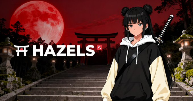 An anime-style thumbnail featuring a character in a black and white hoodie with a sword on her back, set against a red moon and a Japanese shrine, with the text 'HAZELS 八'.