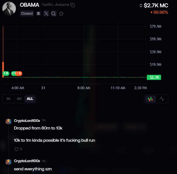 A screenshot of a meme token called 'OBAMA' on a trading platform showing a 99.96% drop to $2.7K market cap, with comments from 'CryptoLord100x' discussing the drop and a potential bull run.