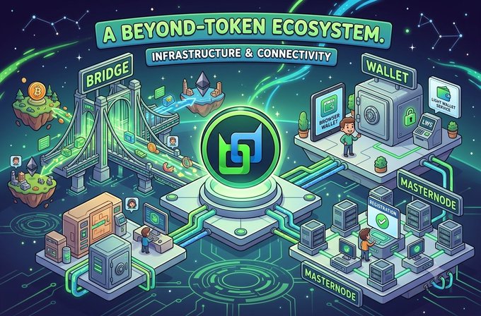 An infographic titled 'A Beyond-Token Ecosystem: Infrastructure & Connectivity' illustrating components like a bridge, wallet, and masternode.