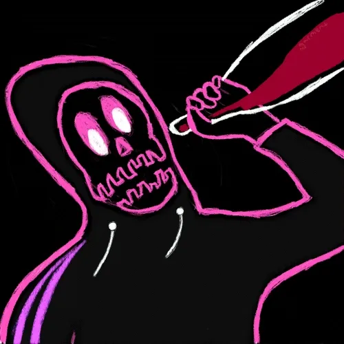 A neon pink and white digital drawing of a grim reaper figure with glowing eyes holding a scythe against a black background.