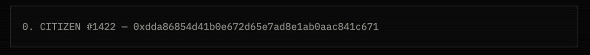 Code snippet on a dark background displaying '0. CITIZEN #1422 — 0xdda86854d41b0e672d65e7ad8e1ab0aac841c671', an Ethereum wallet address.