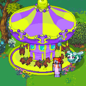 A pixel art scene depicting a Minecraft-style character with red hair standing in front of a yellow and purple carousel with wooden horses, alongside a small white winged creature in a grassy area with flowers.