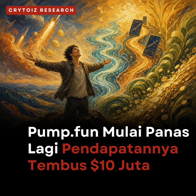 A Crytoiz Research graphic with the headline 'Pump.fun Mulai Panas Lagi Pendapatannya Tembus $10 Juta' over an artistic painting of a man with outstretched arms amid swirling golden and blue colors.