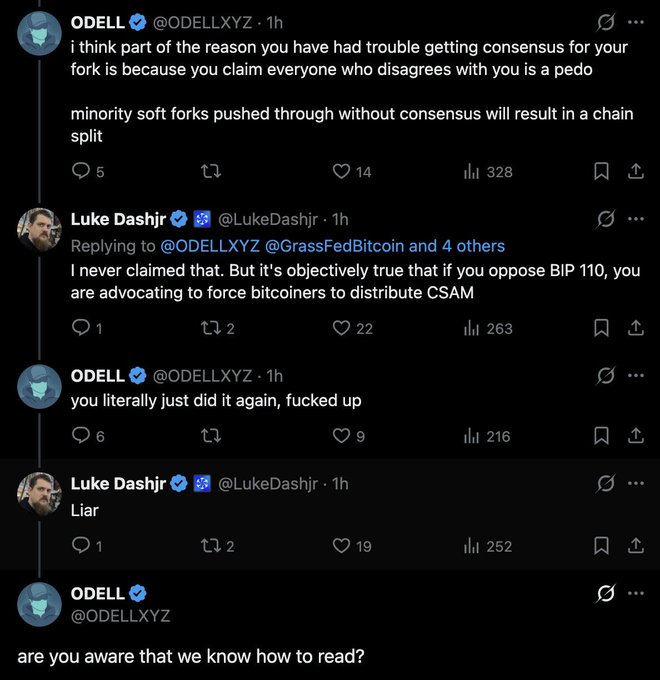 A Twitter/X thread shows ODELL (@ODELLXYZ) criticizing Luke Dashjr for claiming that BIP 110 opponents advocate distributing CSAM, with Luke replying 'I never claimed that' and ODELL accusing him of lying, ending with 'are you aware that we know how to read?'